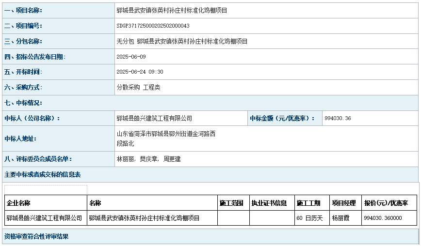鄆城縣武安鎮(zhèn)張英村孫莊村標(biāo)準(zhǔn)化雞棚項(xiàng)目成 交公告